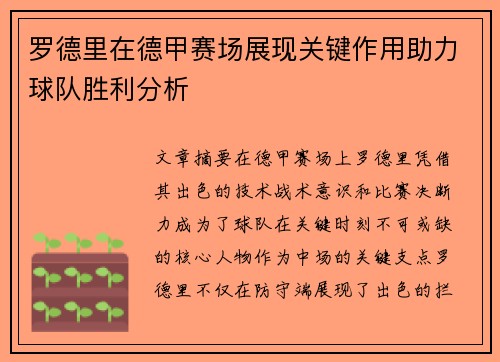 罗德里在德甲赛场展现关键作用助力球队胜利分析